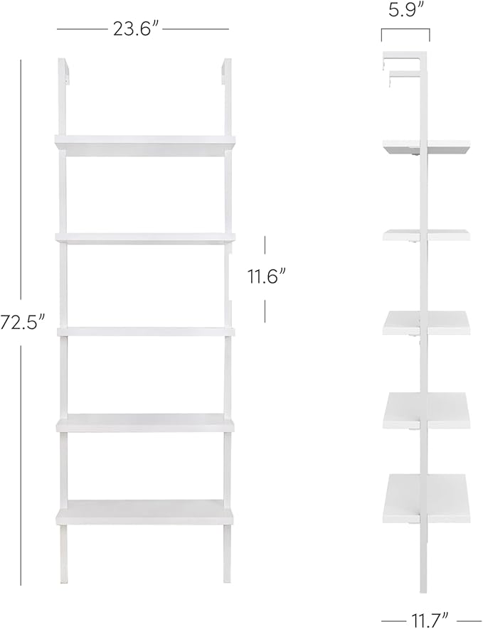 Nathan James Theo 5-Shelf Modern Bookcase, Open Wall Mount Ladder Bookshelf with Industrial Metal Frame, White, Set of 4