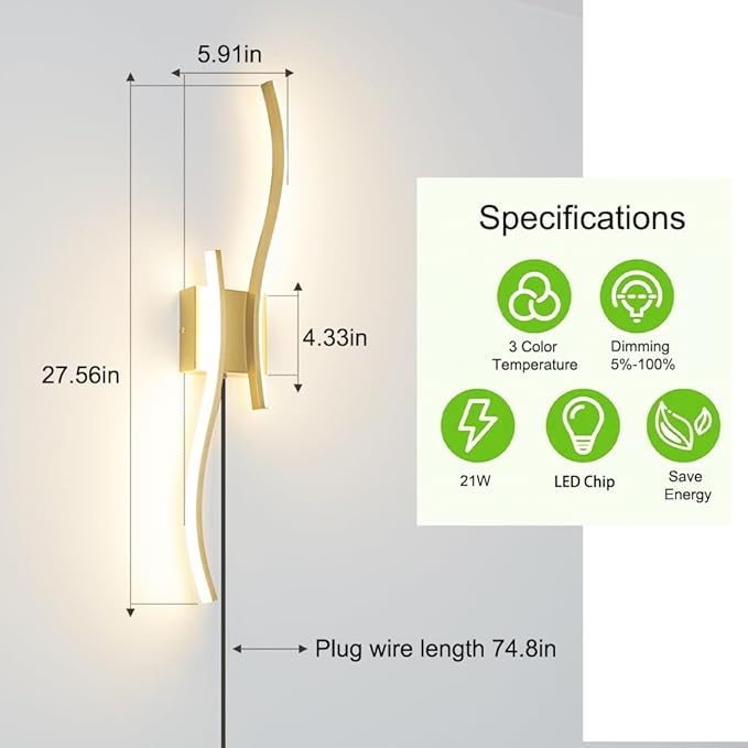 Modern Plug in Wall Sconce Set of 2, Gold Dimmable LED Wall Light with Remote Control, 3CCT Adjustable & Memory Function, Timer, Plug in Cord Wall Lamp for TV Wall Living Room Hallway Bedroom