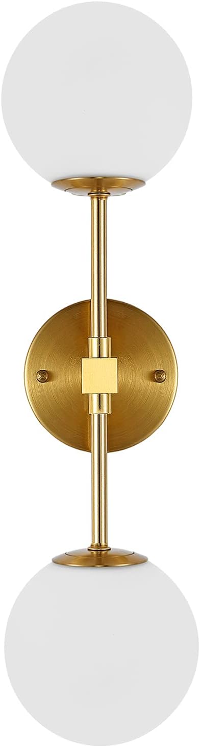 Modern Wall Sconce 2-Lights Industrial Mid Century Bathroom Vanity Wall Light with White Globe Glass Lampshade Brushed Brass Finished Lighting Fixture (Gold Color)