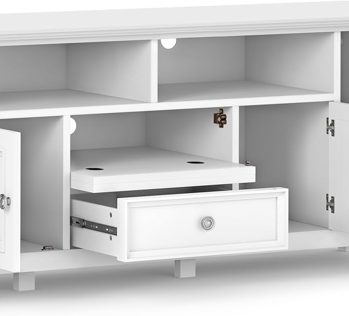 SIMPLIHOME Amherst 72-inch Wide Solid Wood TV Stand in White, Transitional-Style Media Console for Living Room with Cable Management and Adjustable Shelves, Fits 80" TVs
