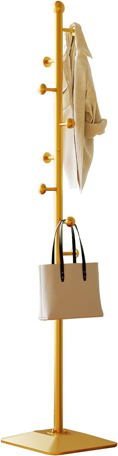 Gold coat rack,Metal coat hanger stand,Coat Tree freestanding Heavy duty with 8 Hooks and Cast iron base for coats,Hat,scarf,jacket,purse