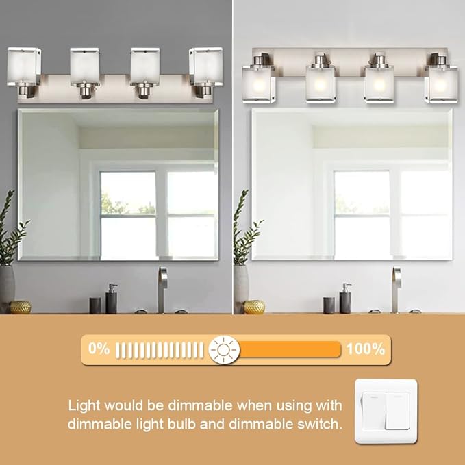 4-Lights Bathroom Light Fixtures Over Mirror, Brushed Nickel Vanity Wall Mounted Lighting with Frosted Glass for Kitchen Living Room, E26 Bulb Base