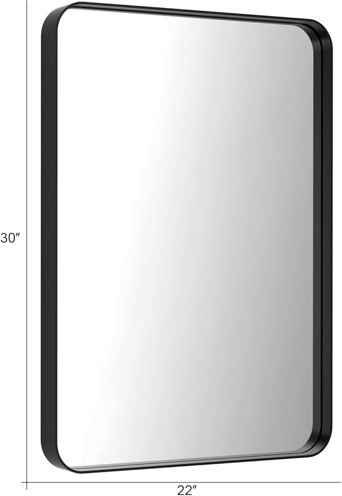Bathroom Mirror 30" X 22" Wall Mount Dresser Metal Frame Rounded Rectangular Mirror Over Sink Vanity Hungs Horizontally Or Vertically for Bedroom, Entryway, Living Room,Black