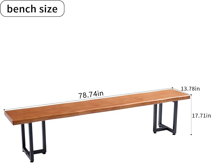Durable Solid Wood Top Bench with Metal Triangular Legs – Stylish Long Dining Bench for Home, Office, Restaurant & Patio (Wooden Brown Bench, 78.74in)