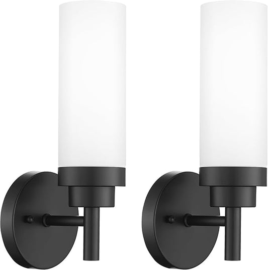 Emak Modern Wall Sconce Set of 2, Black Bathroom Light Fixtures with Milk Glass Shade, Farmhouse Wall Lamp for Bathroom, Bedroom, Living Room, Hallway, WS085-BK-ML-2PK