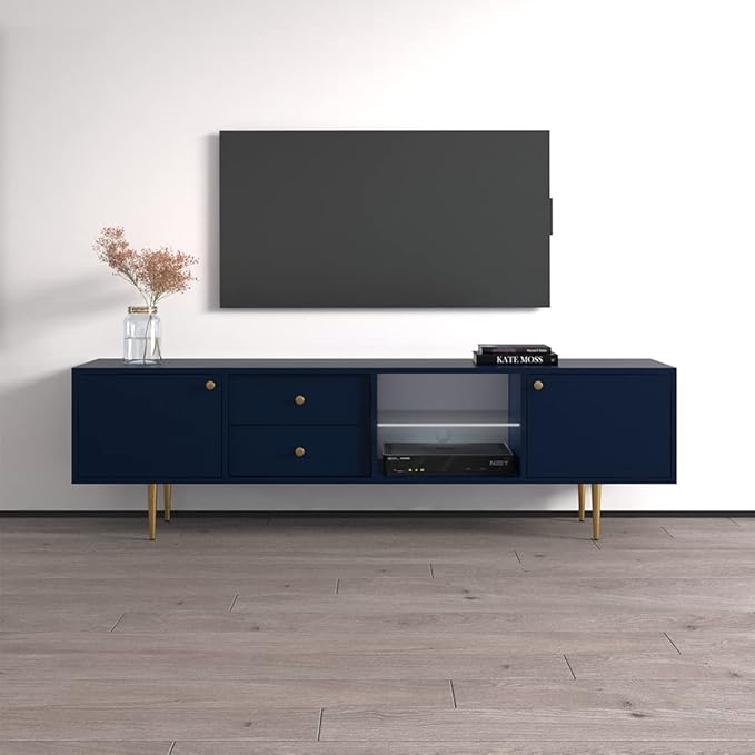 Meble Furniture Rose 01 TV Stand - Floor Standing Modern Rectangular TV Stand with Storage Cabinets - Media Entertainment Center Console Table for TV Up to 80" - Blue
