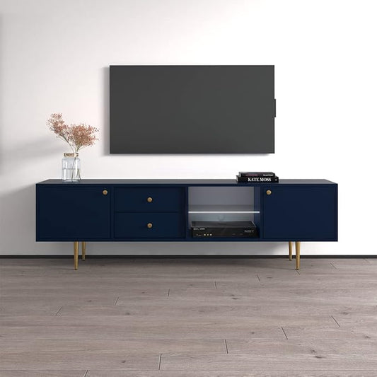 Meble Furniture Rose 01 TV Stand - Floor Standing Modern Rectangular TV Stand with Storage Cabinets - Media Entertainment Center Console Table for TV Up to 80" - Blue
