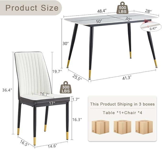 50" White Modern Sintered Stone Dining Table Set for 4 Faux Marble Dining Table with 4 Upholstered PU Leather Chair Dining Room Table Set for Kitchen Apartment(1White Table+4White &Gray Chairs)