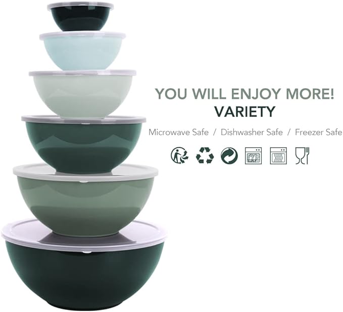 BoxedHome BPA Free Plastic Round Mixing Bowl with Lids, 12 Pack Nesting Bowls with Lids Set, Microwave and Dishwasher Safe Prep & Serving Bowls Great for Mixing, Baking, Serving (Green, 12pcs)