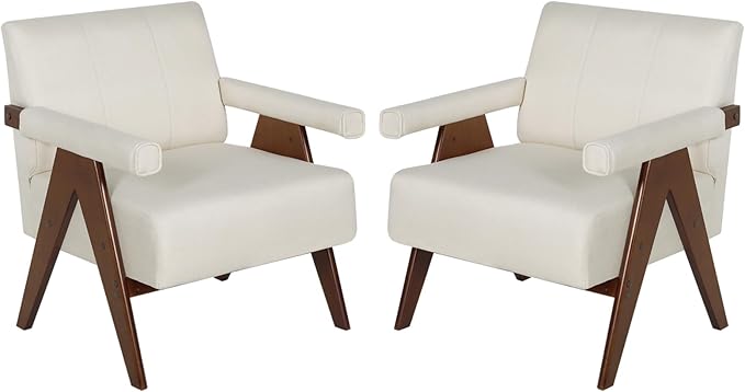 AODAILIHB Mid Century Modern Chairs Set of 2 Beige Linen Fabric Accent Chair Wooden Arms with Soft Bag Living Room Chairs with Thick Cushion Comfy Leisure Waiting Room Chairs Bedroom/Office (2, Beige)