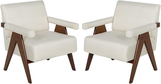 AODAILIHB Mid Century Modern Chairs Set of 2 Beige Linen Fabric Accent Chair Wooden Arms with Soft Bag Living Room Chairs with Thick Cushion Comfy Leisure Waiting Room Chairs Bedroom/Office (2, Beige)
