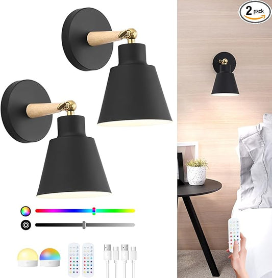 Battery Operated Wall Sconce Set of 2, Black USB Rechargeable Wall Lamp with 2500mAh Dimmable Detachable Bulb, Cordless Sconce Wall Lighting with Remote, 180° Rotate wall decor for Living Room Hallway
