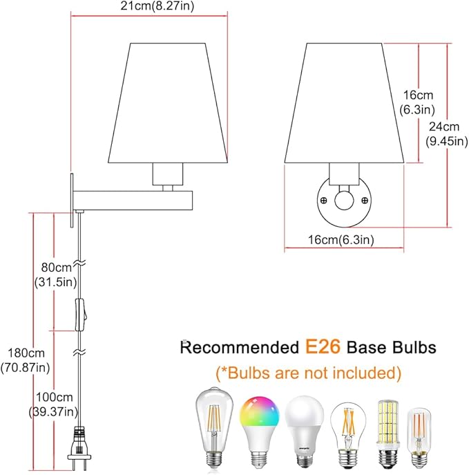 White Plug in Wall Sconces Set of Two, Wall Lamp with Plug in Cord On/Off Switch, White Bedroom Sconces Set of 2 Plug in, Bedside Wall Mounted Light with Fabric Linen,Wall Decor for Living Room