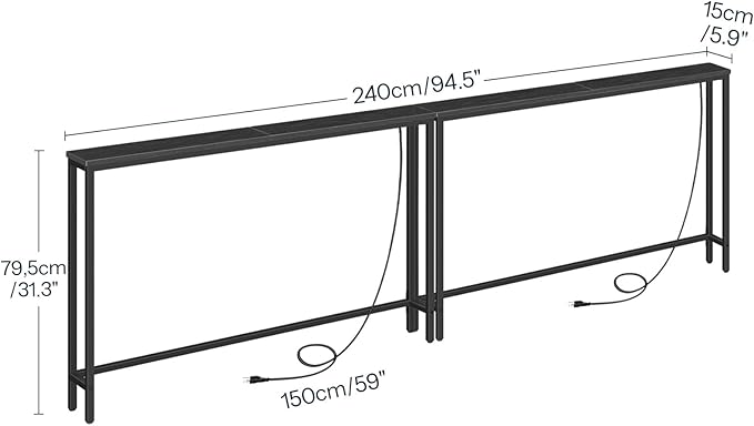 HOOBRO 2 Pack 5.9" Narrow Console Sofa Table with Power Outlets, 47.2" Long Behind Couch Table with Charging Station, Skinny Sofa Table for Living Room, Foyer, Black BB15XGP201G1