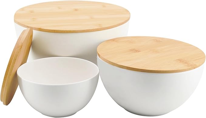 Salad Bowl Set of 3 with Bamboo Wooden Lids, Mixing Bowls Set, Nesting Bowls for Space Saving Storage, Made with Durable Eco-Friendly Bamboo Fiber, Great for Prepping and Serving Food, White