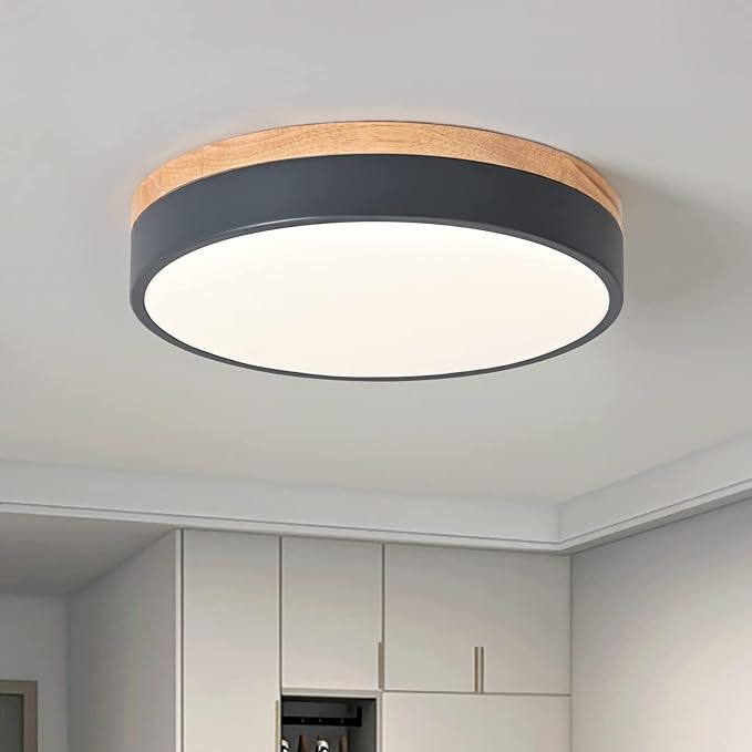 Dimmable Wood LED Flush Mount Ceiling Light, 5CCT 2700K-6000K Modern Round Close to Ceiling Lighting Fixtures, Minimalist Grey Ceiling Lamp for Bedroom, Kitchen, Laundry Room, Hallway