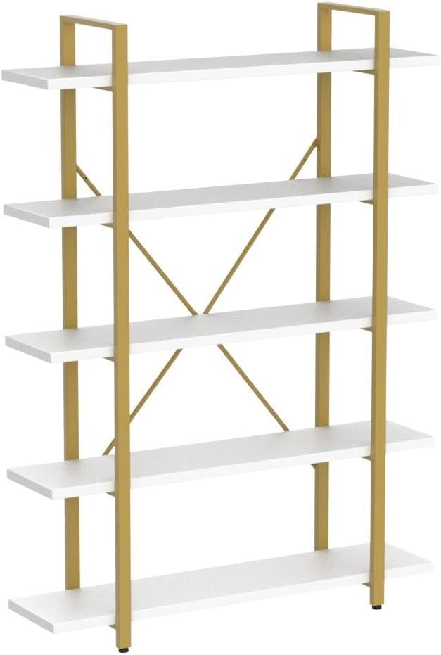 HSH 5 Tier White and Gold Bookshelf, Tall Storage Bookshelves for Bedroom Living Room Office, Metal and Wood Large Book Shelves, Modern Vertical 5 Shelf Bookcase, Farmhouse Big Open Display Book Shelf