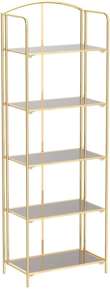 Crofy No Assembly Folding Bookshelf for Living Room, 5 Tier Gold Collapsible Book Shelf for Home Office, Portable Bookcase Storage Organizer