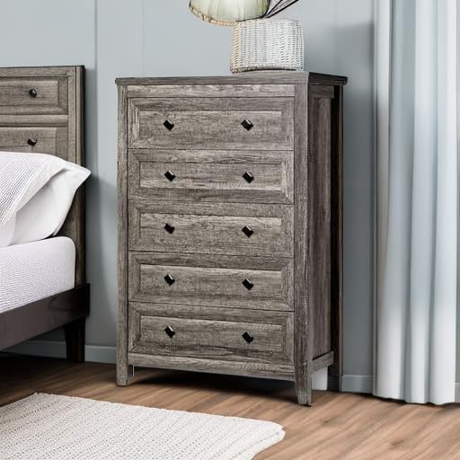 Farmhouse 5 Drawers Dresser, Wood Rustic Chest of Drawers for Bedroom, Tall Dressers Organizer with Metal Handles, 5 Drawers Chest for Living Room, Hallway, Entryway, Grey