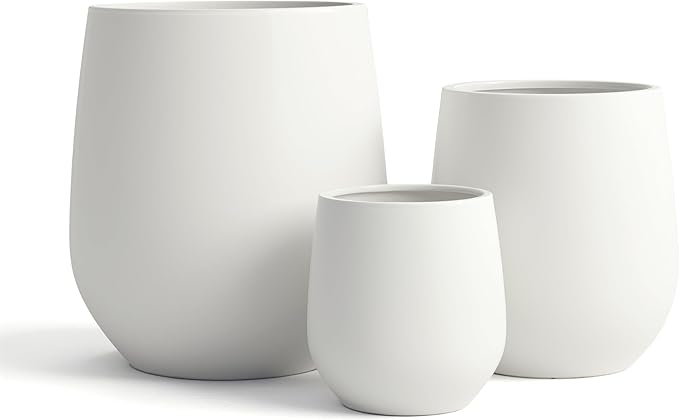 DTY Signature Mount Wilson Modern Indoor Outdoor Fiberstone Tapered Planter, Lightweight, Weather Resistant Garden Pot with Drainage Hole & Rubber Plug, Planter for Christmas Decor - Large, White