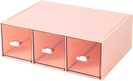 Plastic 3 Drawer Organizer for Cosmetic Storage, Desk Organizer, Makeup Organizer for nail polish, Lipstick, Brushes, Jewelry, Skincare, Bathroom Organization Boxes - Pink