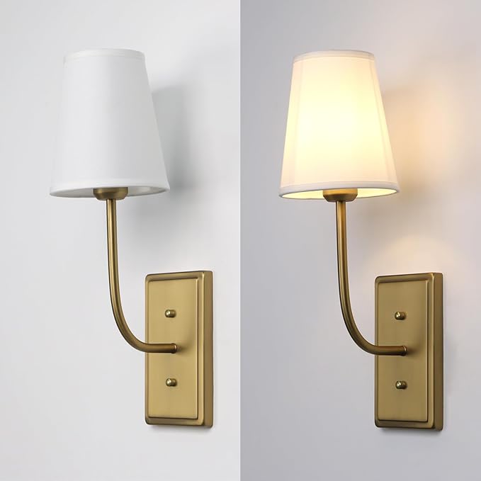 Vintage Brass Wall Sconce 1-Light, White Fabric Shade Wall Lamp Hardwired Indoor Wall Light for Bedroom Living Room Vanity Bathroom