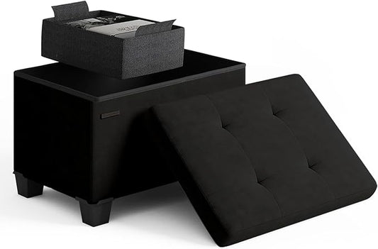 STORAGEBUD Storage Ottoman Cube with Small Bin, 16-in Square Ottoman with Storage for Living Room and Bedroom, Small Ottomans Foot Rest, Velvet Foot Stools Ottomans Max 330lbs, Black