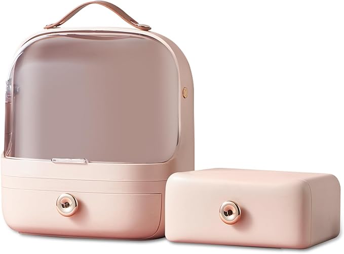Ergocar Make Up Case Dustproof Cosmetics Skin Care Products Cosmetic Storage Box, Multi-Function Jewelry Organizer Case - Pink + Drawer