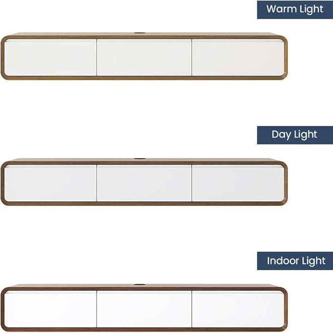 POVISON Fully Assembled Floating TV Stand with Flip-Down Cabinet Doors, 63" Walnut and White Floating Media Console, Solid Wood Floating Entertainment Center, Minimalist TV Stand