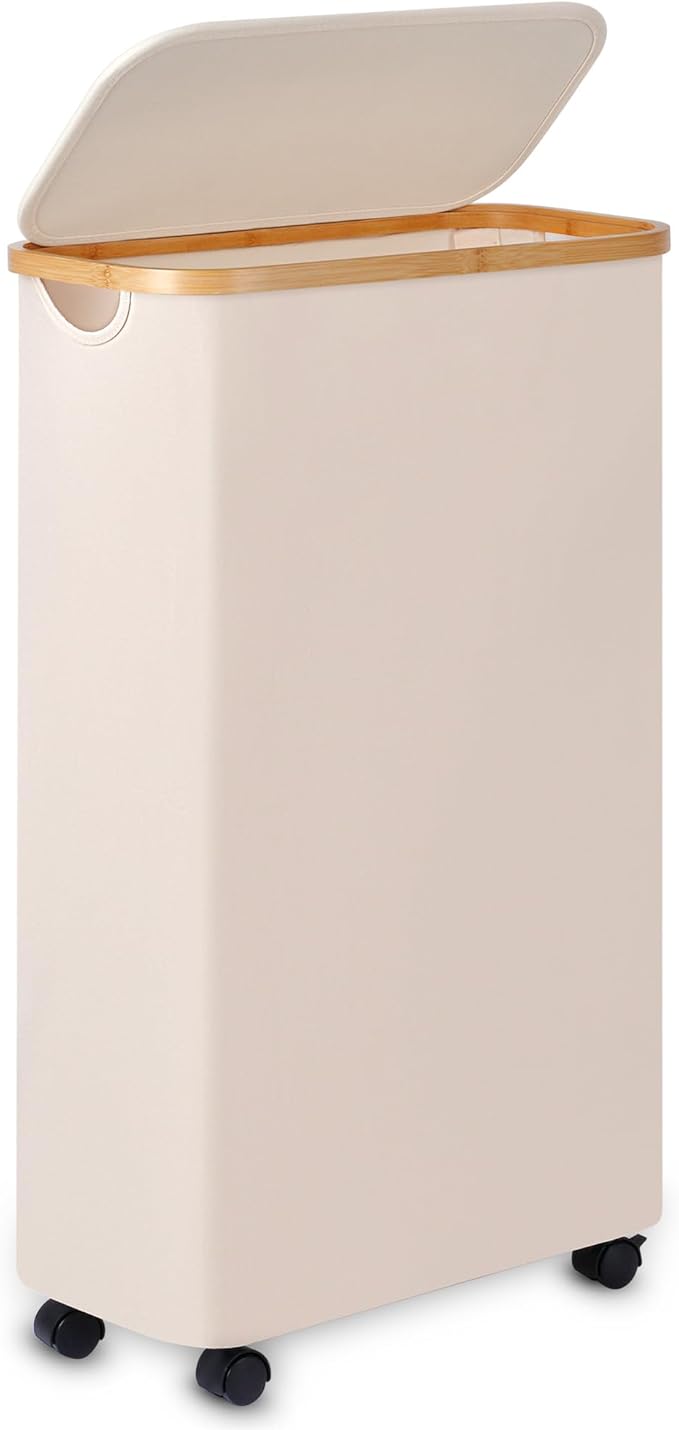 Slim Laundry Basket with Wheels,Narrow Hampers for Laundry,Freestanding Laundry Hamper with Lid&Bamboo Handles,Collapsible & Waterproof Tall Cloth Hamper for Dorm Family(60L Beige)