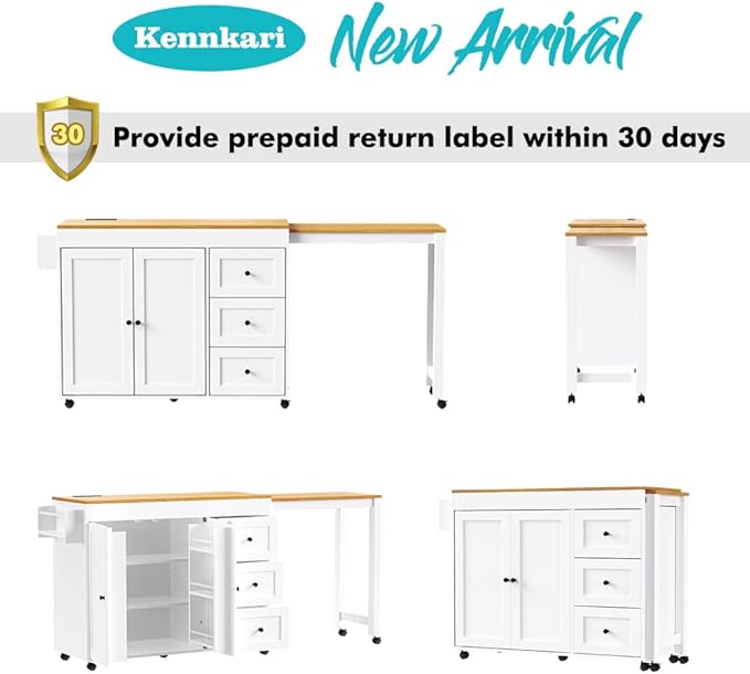 74.8" Rolling Kitchen Island with Extendable Dining Table, Kitchen Storage Cart with 3 Drawers and Power Outlet, Mobile Island Table with Spice Rack and Double-Door Cabinet (White)