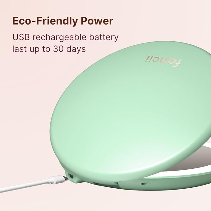 Fancii Taylor LED Lighted Compact Makeup Mirror, Rechargeable, 10x /1x Magnifying, 3 Light Settings, XL Large 5” Wide | Travel Mirror for Purses (Mint Green)