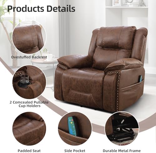 Phoenix Home Dual Motor Power Lift Chair for Elderly, Lift Chairs with Massage and Heat, Faux Leather Electric Chairs for Adults, Recliner Chair with USB, 2 Concealed Cup Holderss, Chestnut Brown