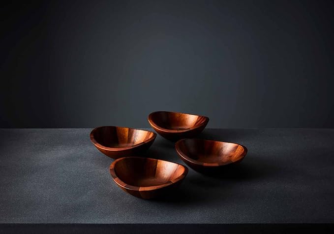 Nambe Braid Salad Bowls, Set of 4 - Designed by Sean O’Hara, Modern Scandinavian Acacia Wood Dining Bowls for Salads & Entertaining - Decorative Tableware for Serving Appetizers, Side Dishes, Snacks