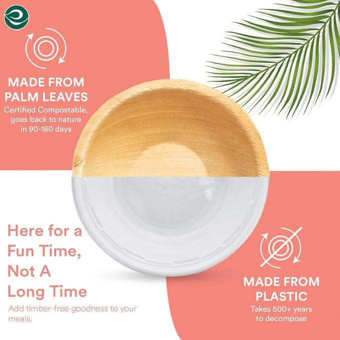 ECO SOUL Palm Leaf Bowl 200 pc, Small 6" (16 Oz) | Round Like Bamboo Bowls, Compostable, Biodegradable, Disposable Palm Leaf Bowls Eco-friendly | Sturdy, Microwave & Oven Safe
