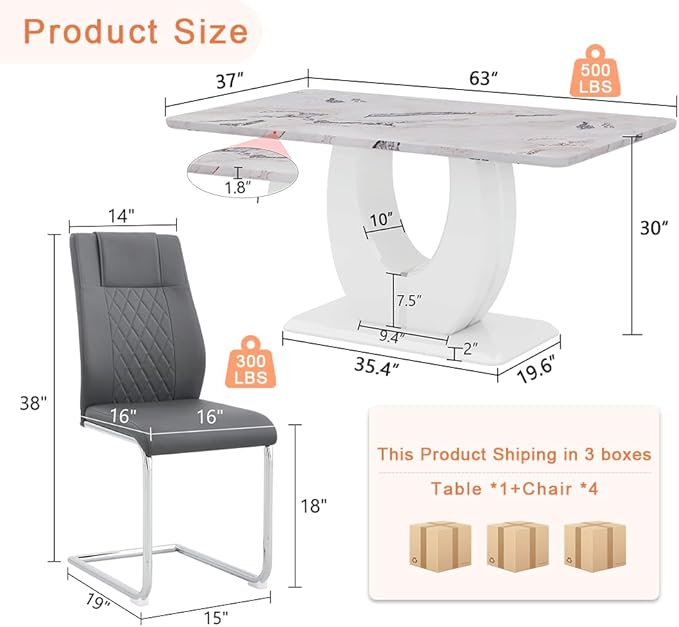 Dining Table Set for 6, Kitchen Table Chairs Set of 6, Modern Dining Room Set 63'' Faux Marble Dinner Table PU Leather Upholstered Chairs for Kitchen