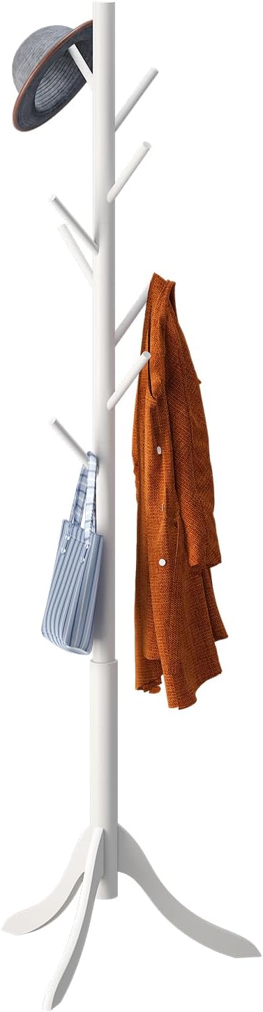 Coat Rack Freestanding, Coat Stands Entryway, Bamboo Coat Rack Hat Hanger 8 Hook for Jacket, Purse, Scarf Rack, Umbrella Tree Stand (White)