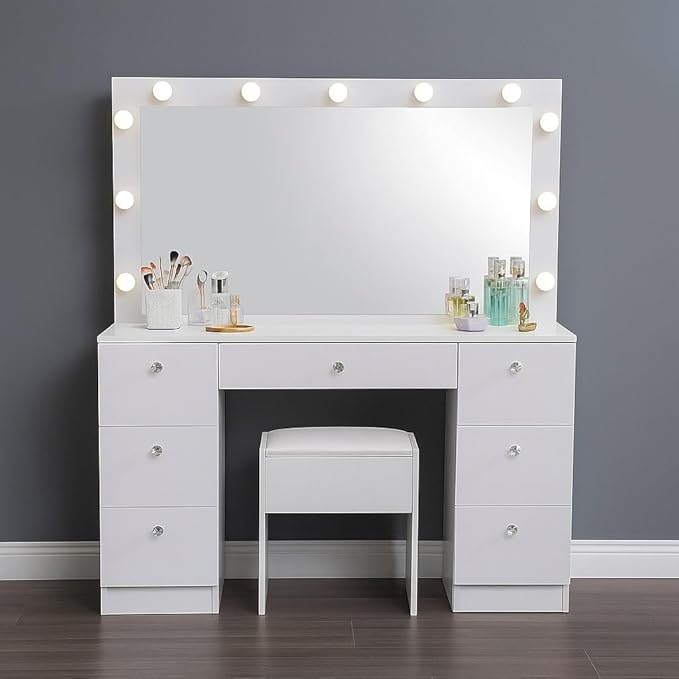 Natural Beauty Luxury Makeup Desk with Mirror, 11 Lights, Adjustable Brightness & 3 Lighting Modes, 7 Soft-Close Drawers, Crystal Knobs, USB & Power Outlets, Makeup Station (Stool Included)