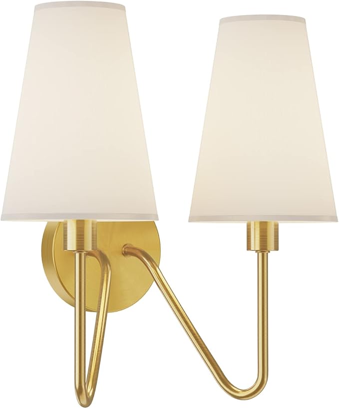 Electro bp;Double Head Classic 2 Lights Wall Sconces Lighting Fixture Polished Gold with Cream White Linen Fabric Lamp Shades E12 80W Hardwired;
