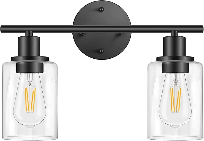 FOLKSMATE Bathroom Light Fixtures, 2 Light Matte Black Vanity Light, Vintage Wall Sconces Lighting, Modern Bath Wall Mounted Lights with Glass Shade