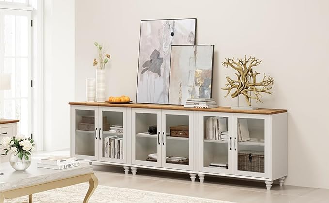 WAMPAT Modern TV Stand for 100 Inch TV, Wood TV Cabinet Entertainment Center for 95/90/85 Inch TV, Large Kitchen Buffet Cabinet with 6 Glass Door for Dining Room & Living Room, White