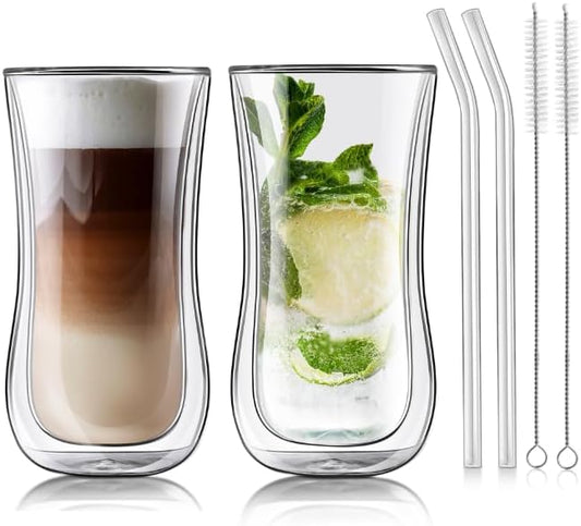 Joeyan Glass Double Walled Beer Drinking Glasses Tumbler, Double Layer Tall Borosilicate Insulated Water Cocktail Glass Cups, Double Lined Thermo Tea Coffee Hot Beverage Glassware 12 oz, Set of 2