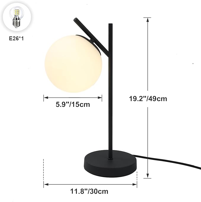 Mid Century Modern Table Lamp Contemporary White Glass Globe Table Lamp Vintage Nordic Desk Lamp Metal Nightstand Lamp for Office Study Room Bedroom(H19.2)