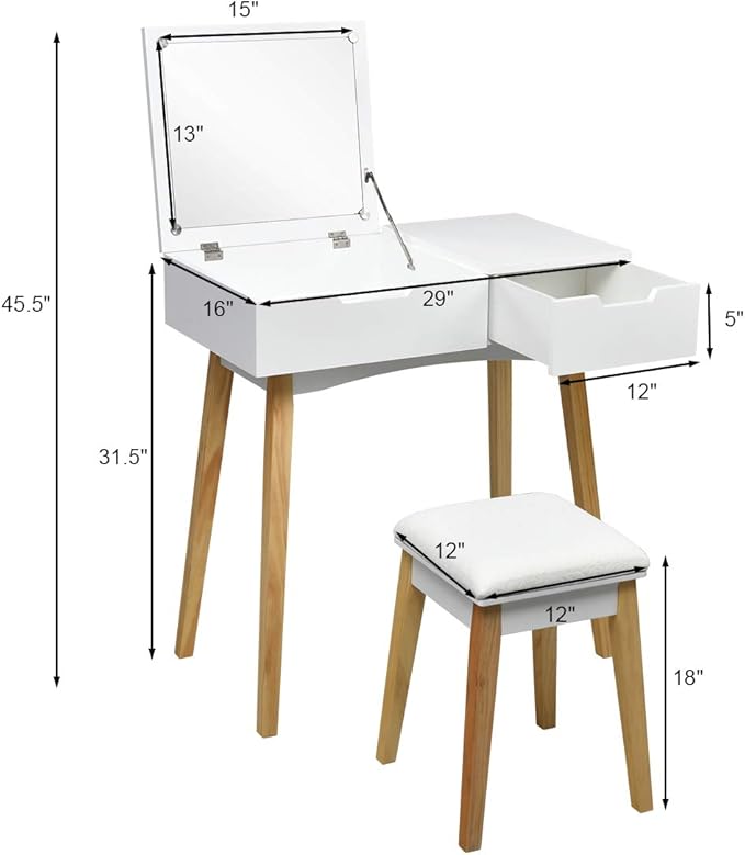 CHARMAID Vanity Table with Flip Top Mirror and Stool, Wooden Makeup Table Writing Desk with Drawer, Storage Compartment, Bedroom White Dressing Vanity Set for Kids Girls Women, Easy Assembly
