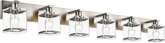 6-Lights Brushed Nickel Bathroom Light Fixture Over Mirror, Modern Wall Sconce with Clear Glass Shades, E26 Bulb Base Vanity Lighting for Over Mirror Kitchen