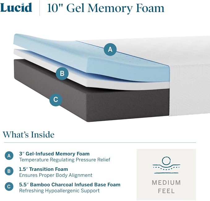 LUCID 10 Inch Memory Foam Mattress - Medium Feel - Infused with Bamboo Charcoal and Gel - Bed in a Box - Temperature Regulating - Pressure Relief - Breathable - Twin Size