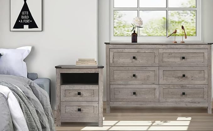 Farmhouse 6 Drawers Dresser with 2pcs Nightstands, Wood Double Dresser Chest of Drawers Wide Storage Organizer Cabinet for Bedroom, Living Room, Rustic Grey