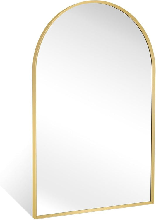 Large Gold Arched Mirror, 30" x 40" Modern Brushed Metal Frame Arch Wall Decorative Mirror, Arched Top Bathroom Vanity Mirror for Living Room Bedroom Hallways Entryway