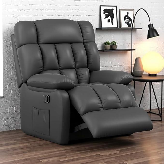 Recliner Chair, Leather Adjustable Recliner with Side Pockets, Living Room Power Reclining Lounge Chair for Adults, Small Spaces Comfy Sofa with Theater Seating for Bedroom, Black