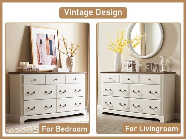 Farmhouse Dresser for Bedroom, 54" Modern 7 Drawers Dresser with Vintage Styles Pulls, Wood Rustic Closet Chest of Drawers for Living Room, Hallway, Antique White